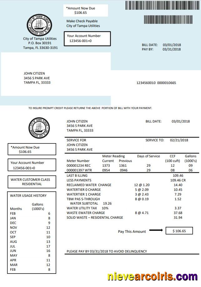 USA Florida water utility bill